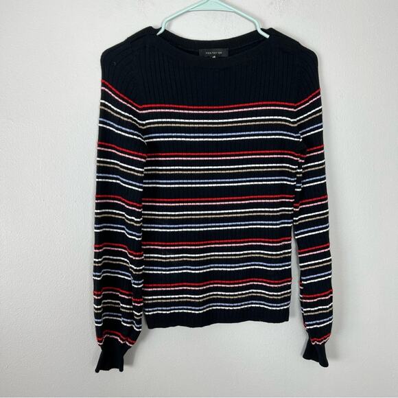 Ann Taylor Knit Striped Sweater Black Bishop Sleeve - Picture 3 of 7